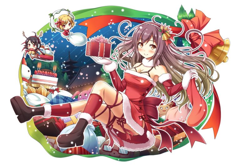 akashio, Aki, Shizuha, Bell, Boots, Bow, Breasts, Chibi, Christmas, Cleavage, Collar, Headband, Hijiri, Byakuren, Houjuu, Nue, Kneehighs, Ribbons, Santa, Costume, Touhou HD Wallpaper Desktop Background