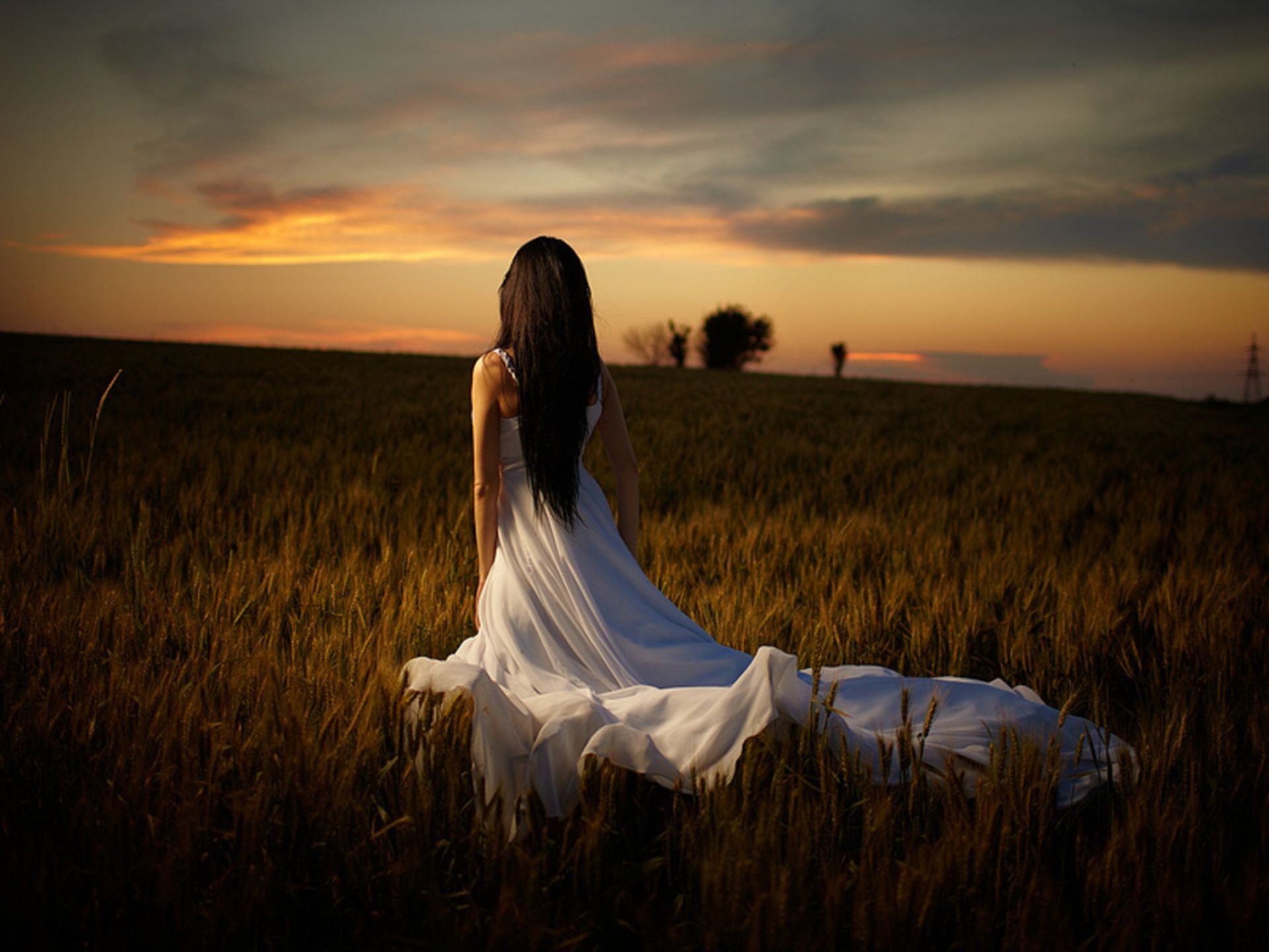 brunettes, Women, Fields, Outdoors, White, Dress Wallpaper