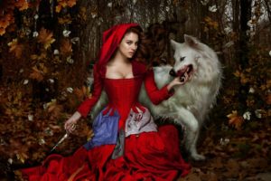wolf, Girl, Woman, Fantasy, Blood, Animal, Dress, Red, Knife, Forest, Female, Autumn