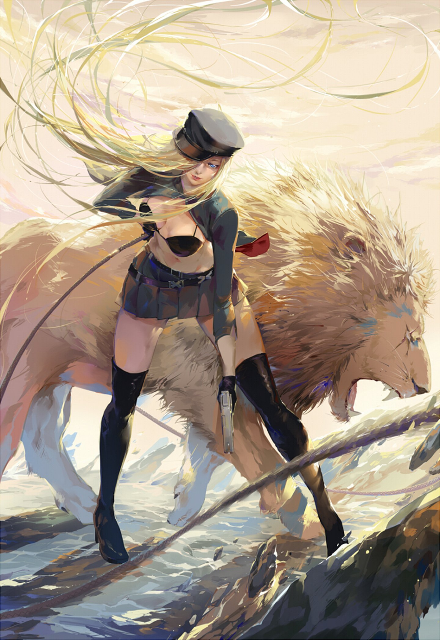 fantasy, Girl, Pretty, Beautiful, Long, Hair, Dress, Blonde, Lion, Sword, Warrior Wallpaper