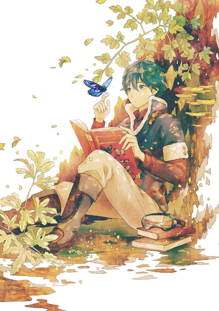 anime, Boy, Tree, Animal, Butterfly, Books, Flower HD Wallpaper Desktop Background