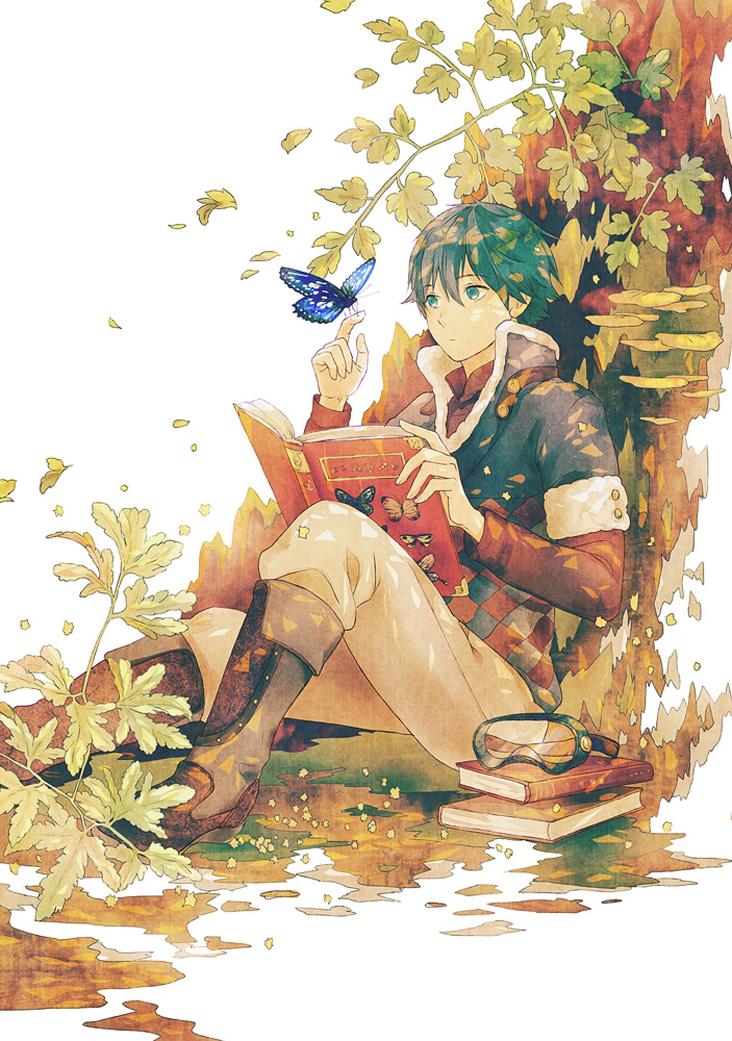 anime, Boy, Tree, Animal, Butterfly, Books, Flower Wallpaper