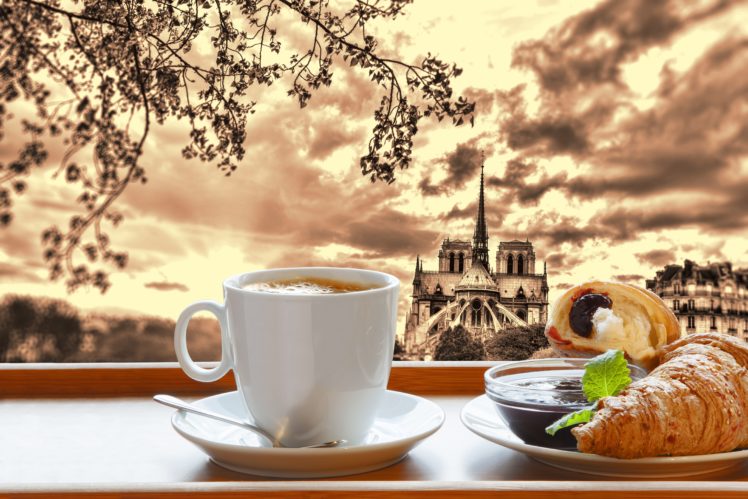 coffee, Croissant, France, Paris, Cup, Breakfast, Food, Cities HD Wallpaper Desktop Background