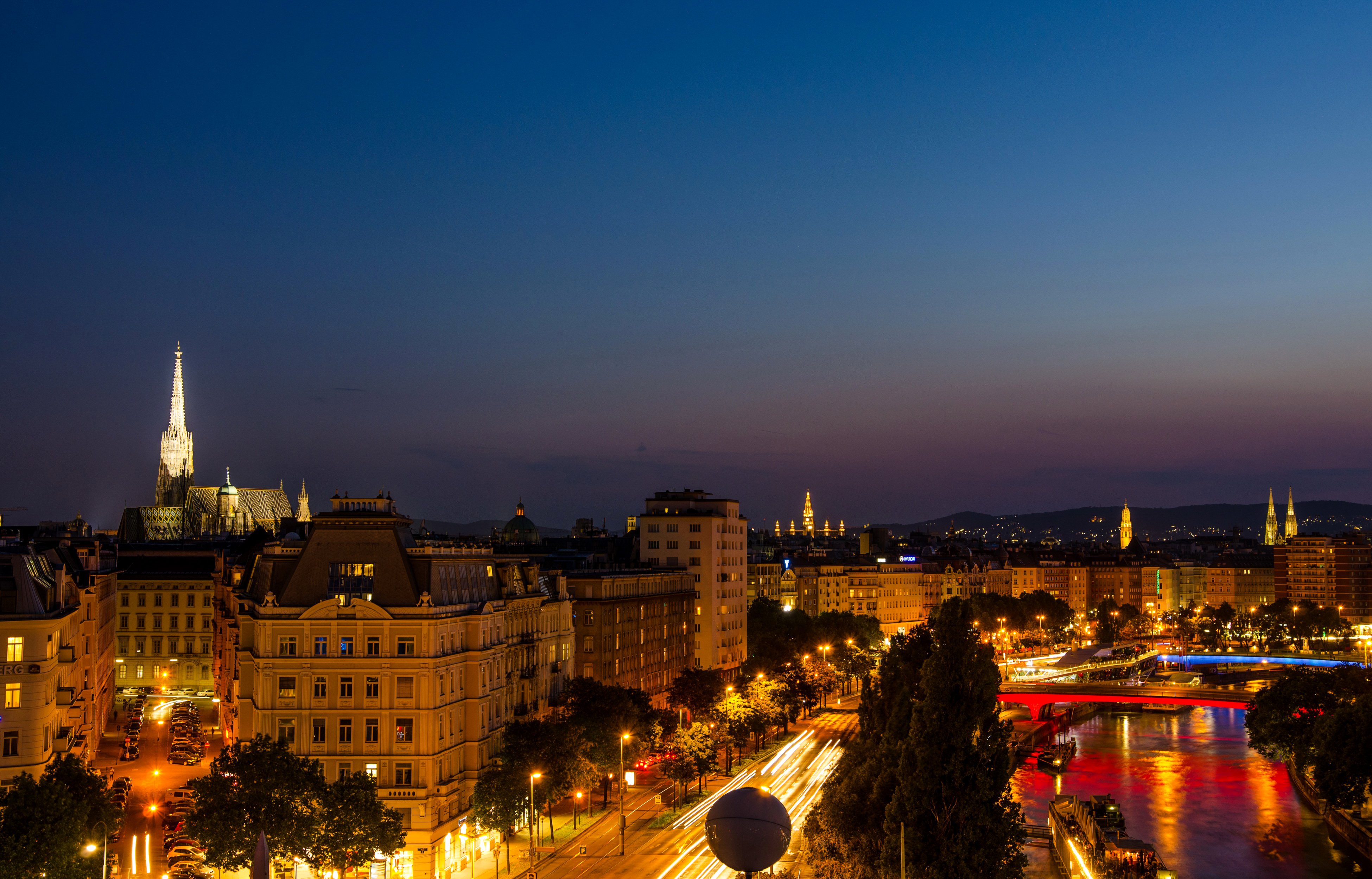 Austria, Houses, Rivers, Sky, Street, Night, Street, Lights, Vienna ...