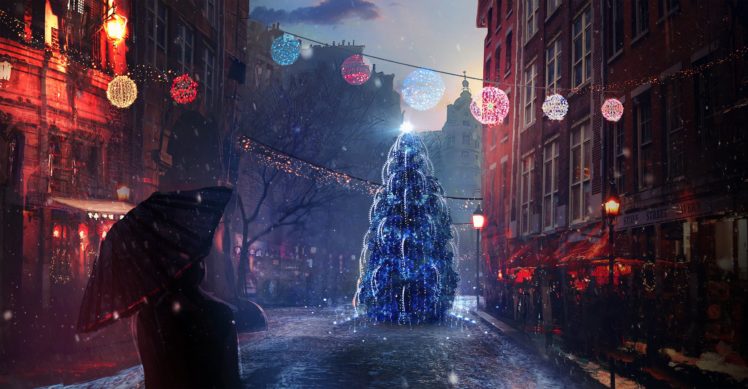 christmas, Holidays, Pictorial, Art, Street, Christmas, Tree, Umbrella, Cities HD Wallpaper Desktop Background
