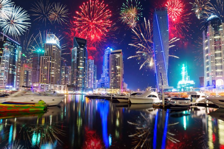 emirates, Uae, Dubai, Holidays, Christmas, Skyscrapers, Yacht, Fireworks, Night, Cities HD Wallpaper Desktop Background
