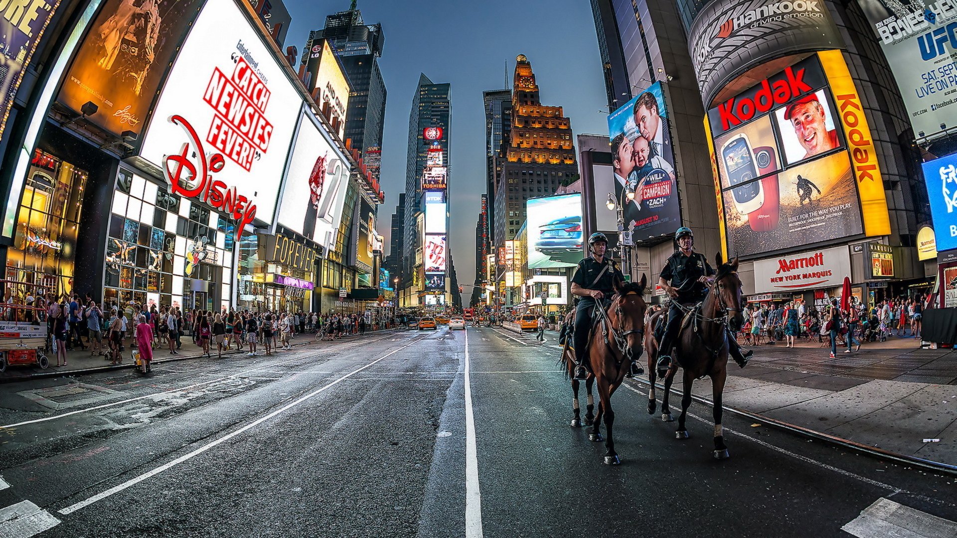 horseback, Policemen, Times, Square, Hdr, Horses, Skyscrapers, City, Street, New, York, Night, Road, Lights, Horse, Crowd, Police Wallpaper
