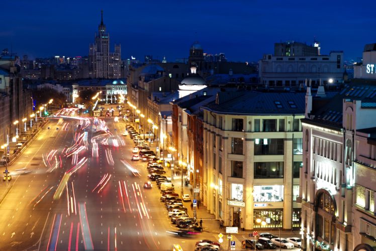 russia, Moscow, Houses, Roads, Street, Night, Street, Lights, Motion, Cities HD Wallpaper Desktop Background