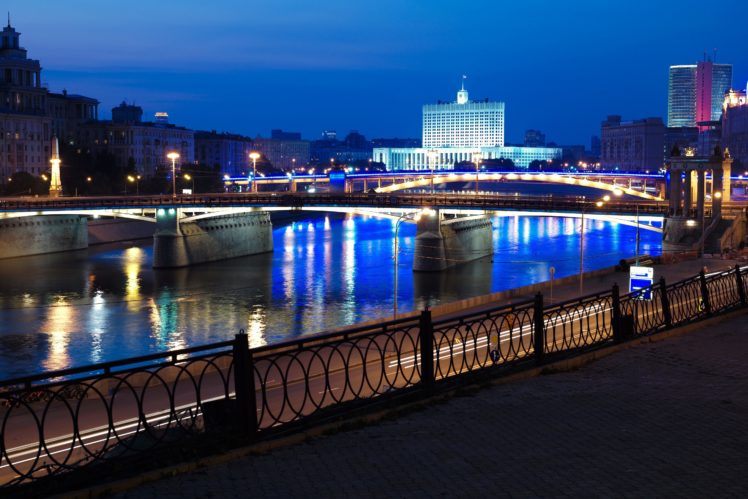 russia, Moscow, Rivers, Bridges, Night, Street, Lights, Fence, Cities HD Wallpaper Desktop Background