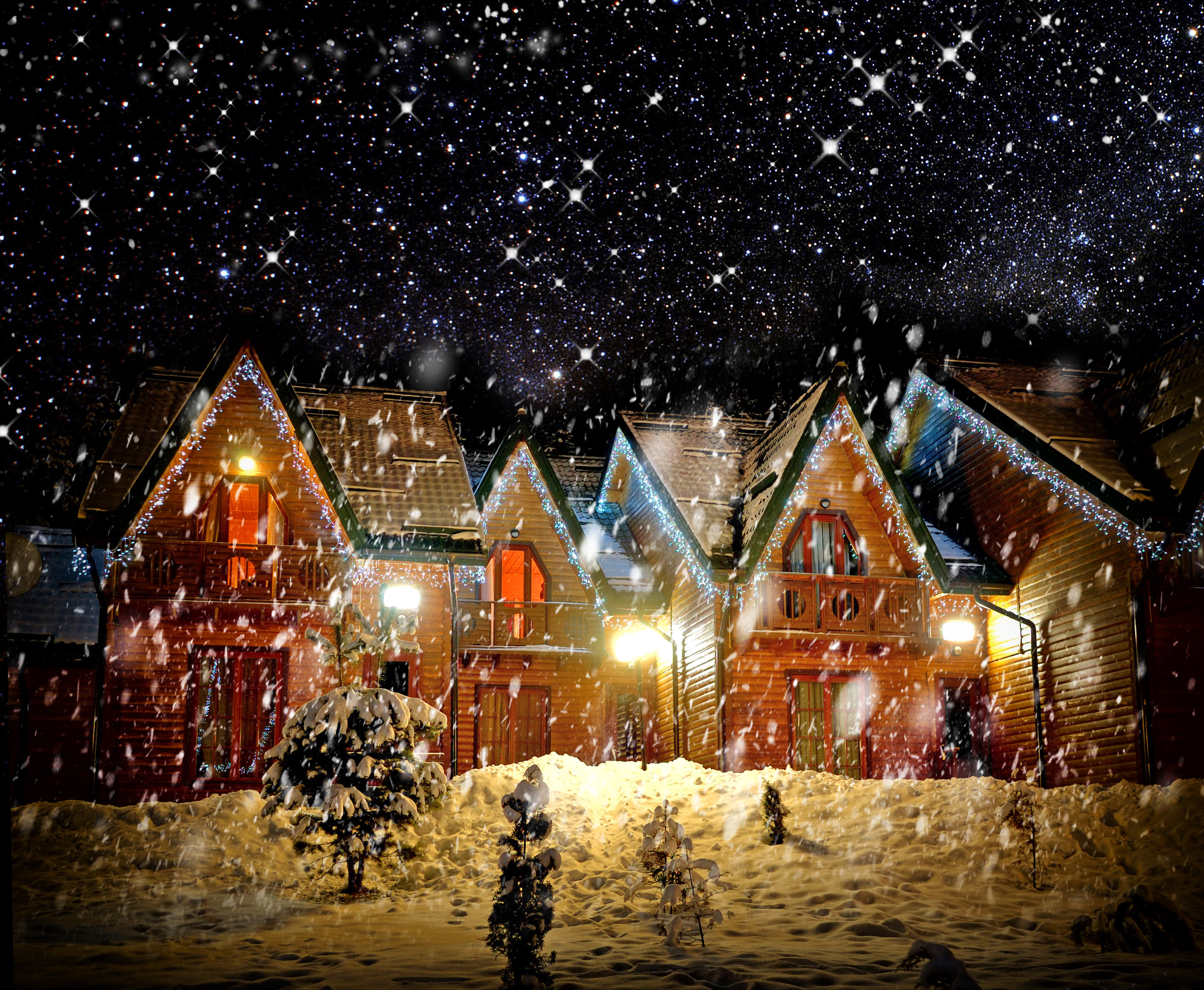seasons, Winter, Houses, Snow, Fir, Night, Street, Lights, Snowflakes, Cities Wallpaper
