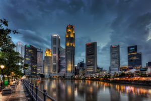singapore, Skyscrapers, Sky, Night, Street, Lights, Cities
