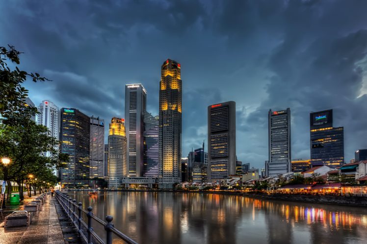singapore, Skyscrapers, Sky, Night, Street, Lights, Cities HD Wallpaper Desktop Background