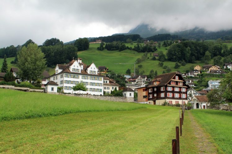 switzerland, Houses, Mountains, Grasslands, Schwyz, Cities HD Wallpaper Desktop Background
