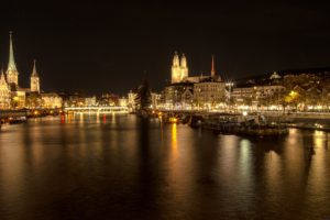 switzerland, Houses, Rivers, Night, Canal, Zurich, Cities