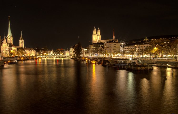 switzerland, Houses, Rivers, Night, Canal, Zurich, Cities HD Wallpaper Desktop Background