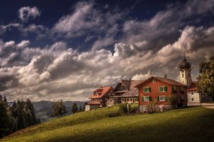 switzerland, Houses, Sky, Grass, Clouds, Heiligkreuz, Cities