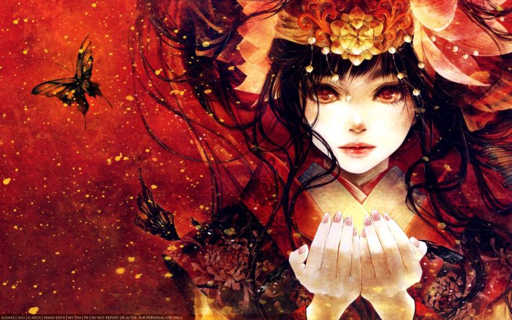 anime, Artwork, Girl, Butterfly, Red, Long, Hair, Beautiful HD Wallpaper Desktop Background