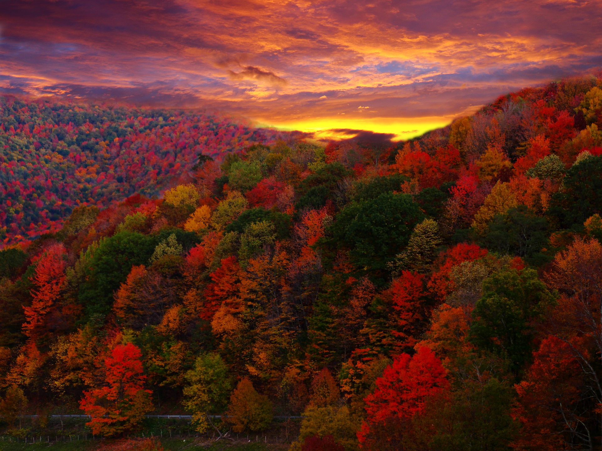 sunset, Mountains, Trees, Autumn Wallpaper