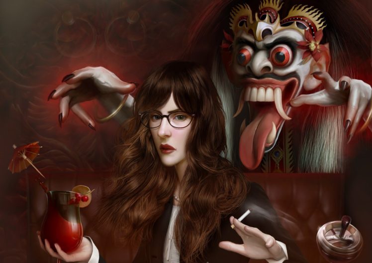 masked, Devil, Fantasy, Female, Beauty, Beverage, Cigarette, Long, Hair HD Wallpaper Desktop Background