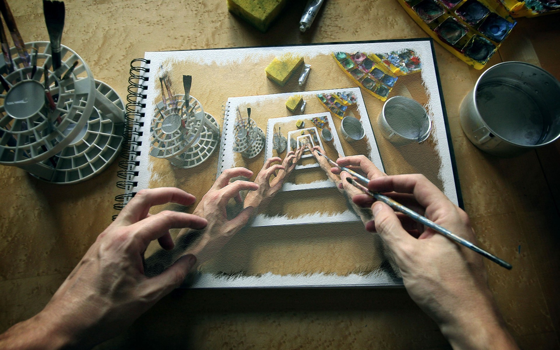 fake, Fractals, Hands, Artwork, Desk, Photomanipulations, Notebook, Meta Wallpaper