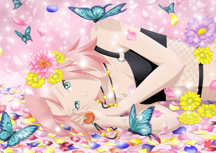 naruto, Shippuden, Aqua, Eyes, Butterfly, Flowers, Haruno, Sakura, Necklace, Petals, Pink, Hair HD Wallpaper Desktop Background