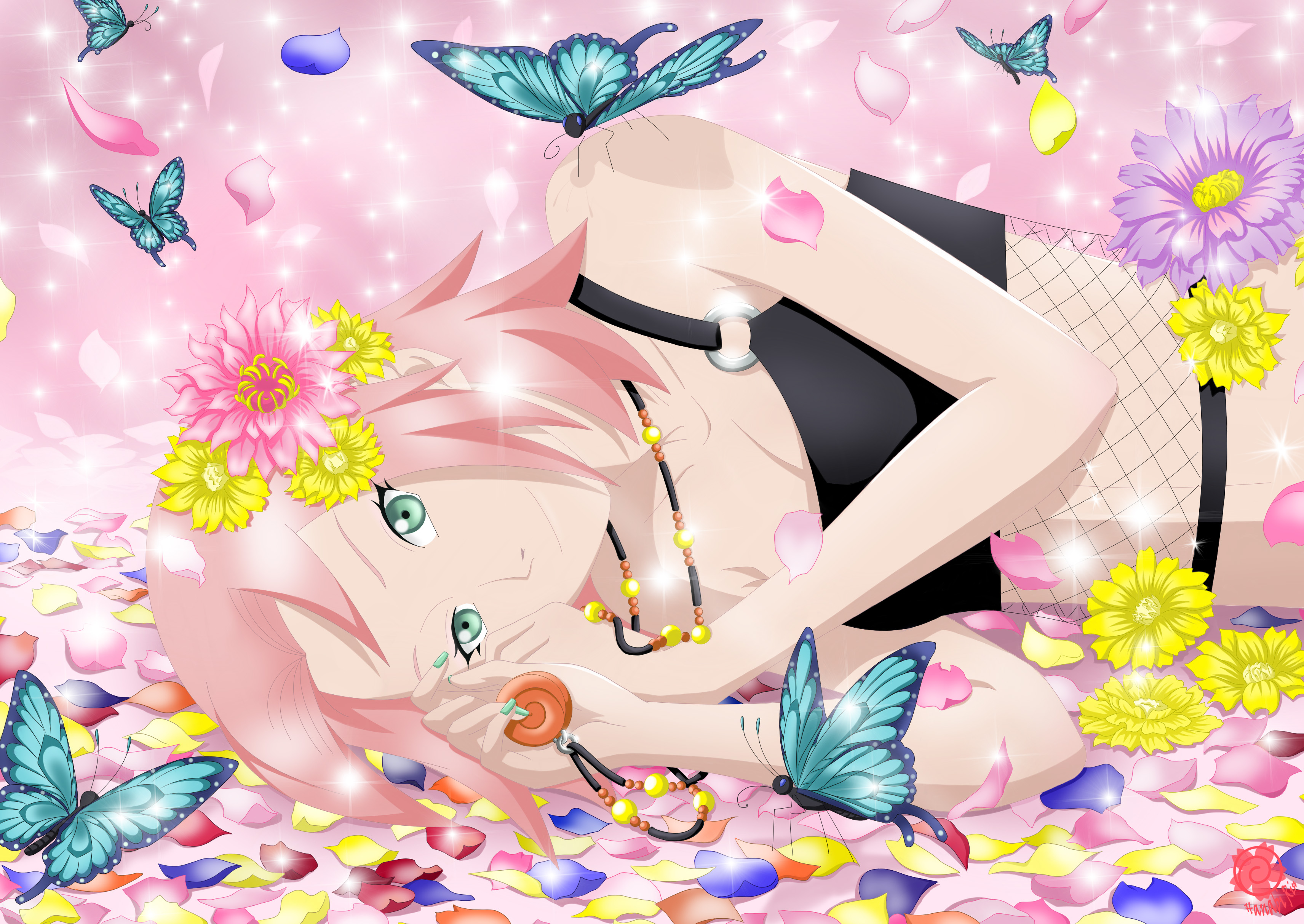 naruto, Shippuden, Aqua, Eyes, Butterfly, Flowers, Haruno, Sakura, Necklace, Petals, Pink, Hair Wallpaper