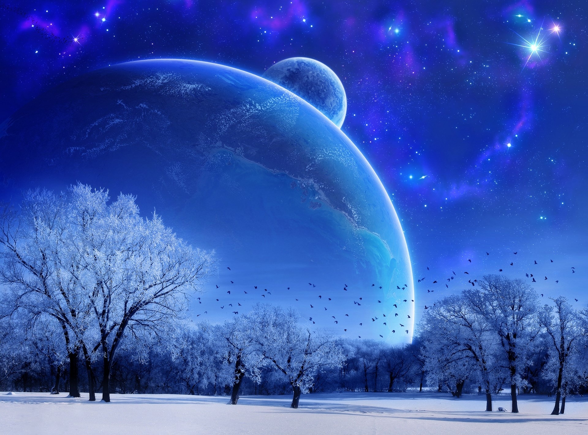 fantasy, Landscape, Moon, Planet, Planets, Winter, Snow, Trees, Sky, Night, Stars, Mood Wallpaper