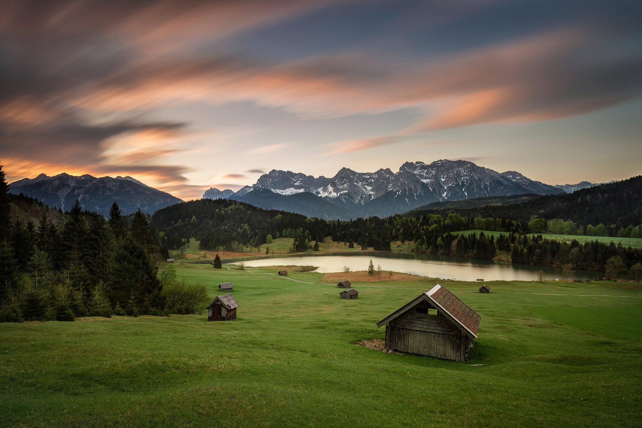 germany, Bavaria, Alps, Mountains, Summer, Morning, Meadows, Houses Wallpaper