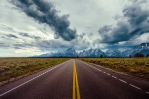 road, Field, Horizon, Mountains, Clouds, Sky