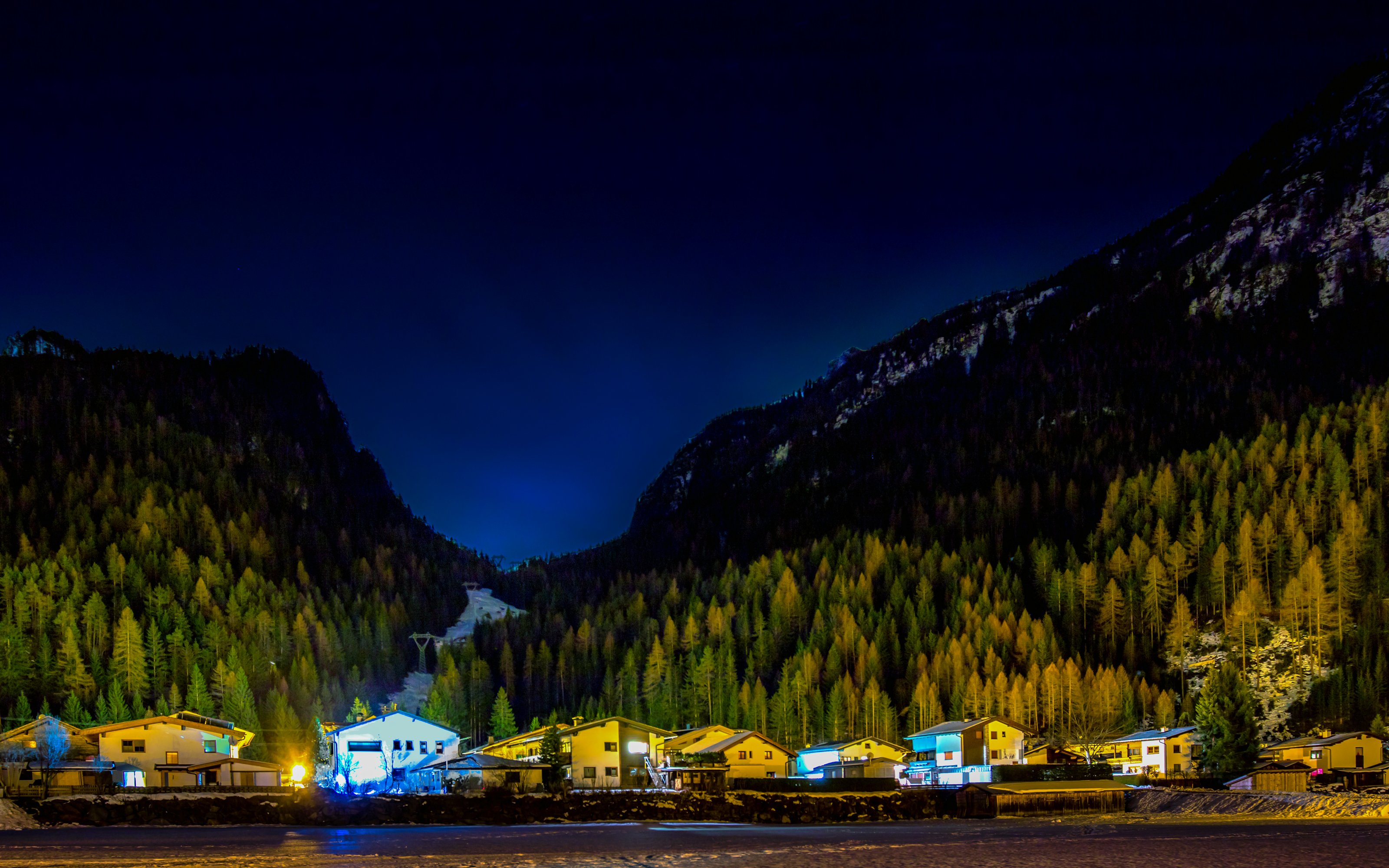 austria, Mountains, Forests, Houses, Night, Huben, Tyrol