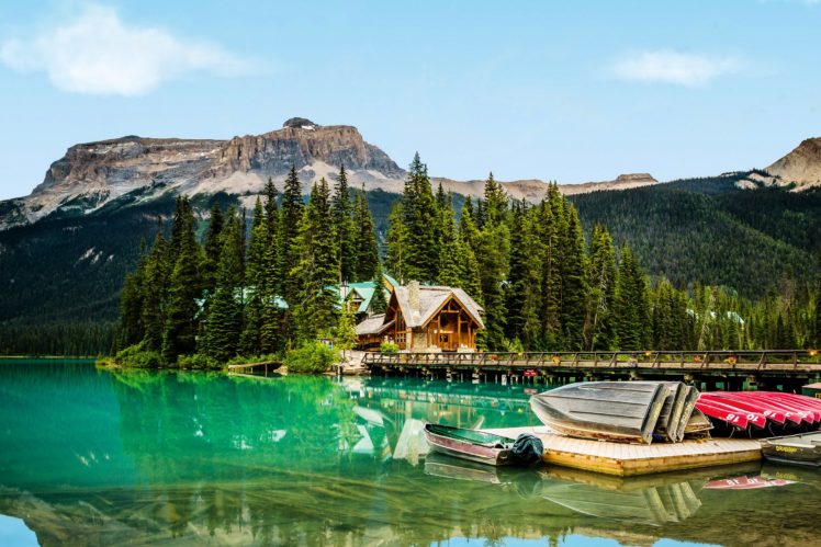 canada, Parks, Mountains, Lake, Marinas, Boats, Houses, Fir, Yoho, Nature HD Wallpaper Desktop Background