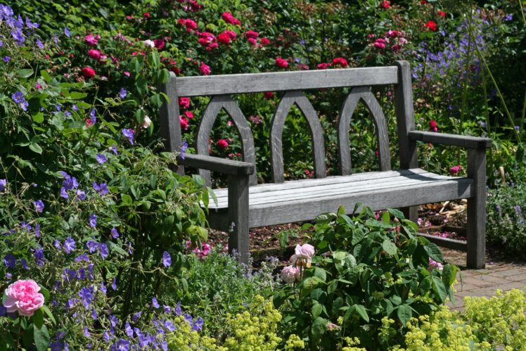 england, Gardens, Roses, Bells, Bench, Rosemoor, Gardens, Devon, Nature HD Wallpaper Desktop Background