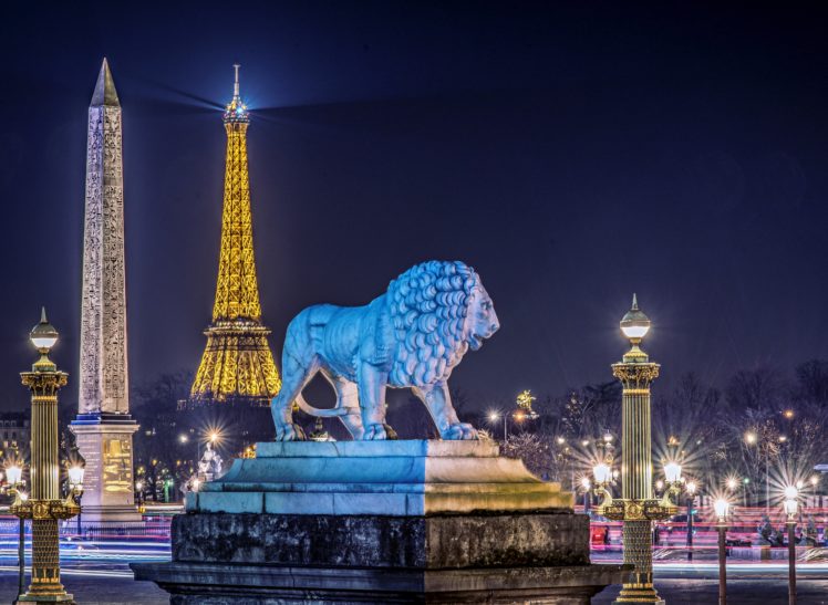 france, Sculptures, Lions, Paris, Night, Street, Lights, Eiffel, Tower, Cities HD Wallpaper Desktop Background