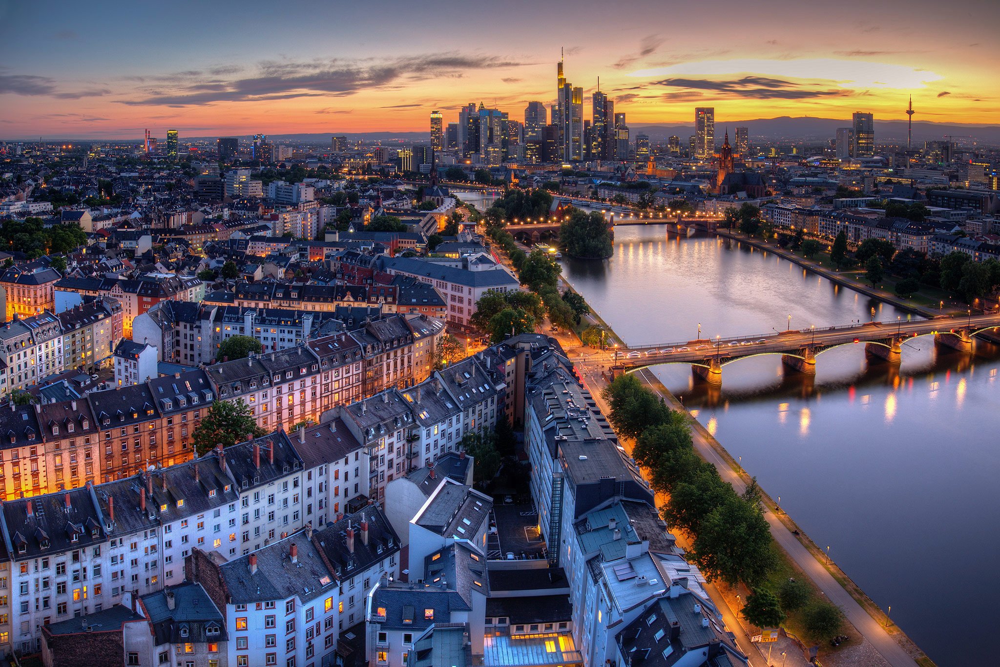 evening, Bridges, Rivers, Houses, Germany, Frankfurt, Cities Wallpaper