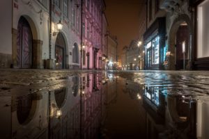 prague, Czech, Republic, Houses, Street, Night, Street, Lights, Puddle, Cities