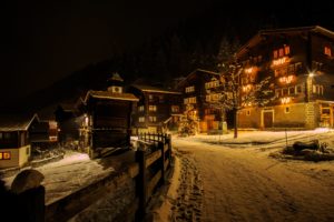 switzerland, Houses, Winter, Roads, Night, Street, Lights, Snow, Niederwald, Cities