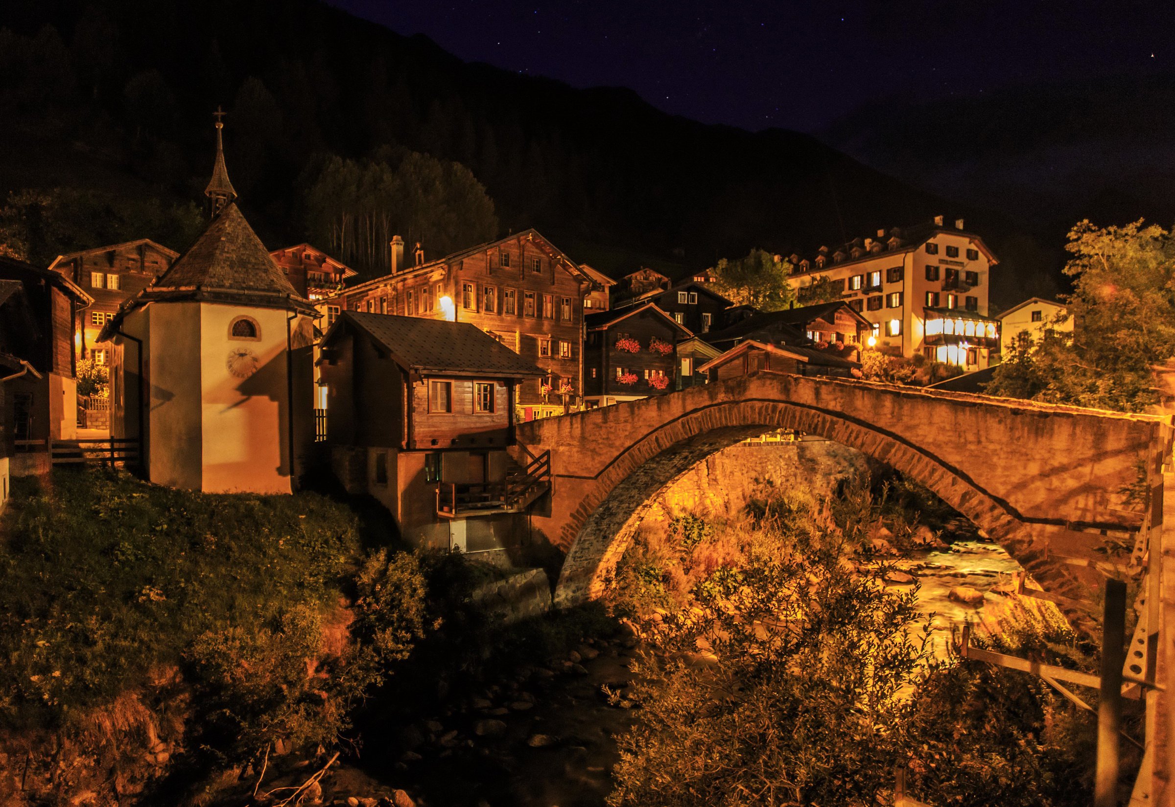 switzerland, Houses, Bridges, Night, Binn, Cities Wallpaper
