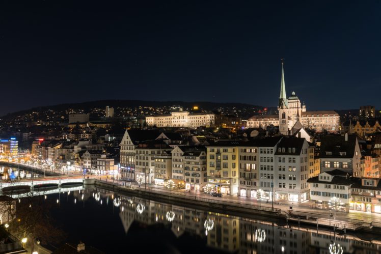 switzerland, Houses, Rivers, Night, Street, Lights, Canal, Zurich, Cities HD Wallpaper Desktop Background