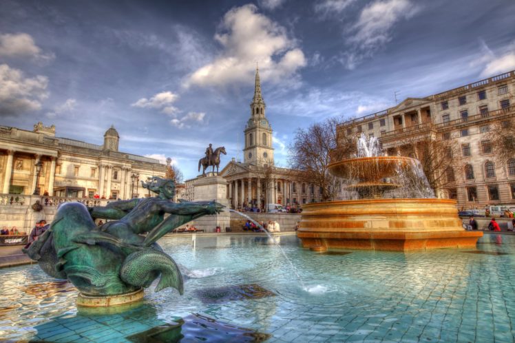 fountains, Sky, England, Hdr, London, Trafalgar, Square, Cities HD Wallpaper Desktop Background