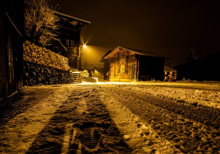 switzerland, Houses, Winter, Snow, Night, Street, Lights, Ritzingen, Goms, Cities HD Wallpaper Desktop Background