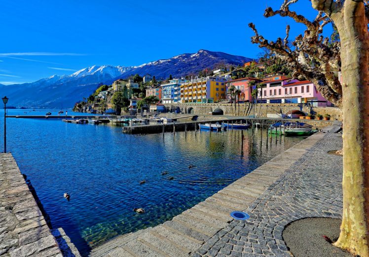 coast, Houses, Mountains, Switzerland, Ascona, Cities HD Wallpaper Desktop Background