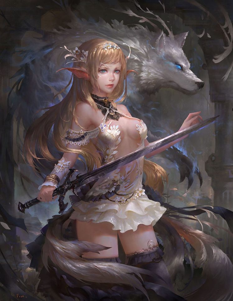 fantasy, Girl, Long, Hair, Beautiful, Dress, Sword, Wolf HD Wallpaper Desktop Background