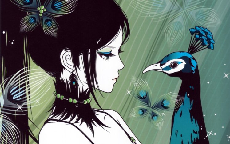 girl, Beautiful, Anime, Peacock, Face, Art HD Wallpaper Desktop Background