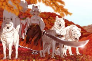 anime, Girl, Kimono, Sword, Wolf, Autumn