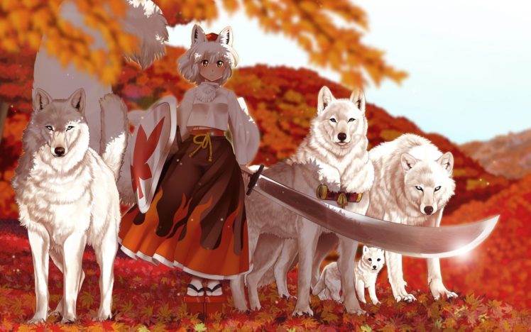 anime, Girl, Kimono, Sword, Wolf, Autumn HD Wallpaper Desktop Background