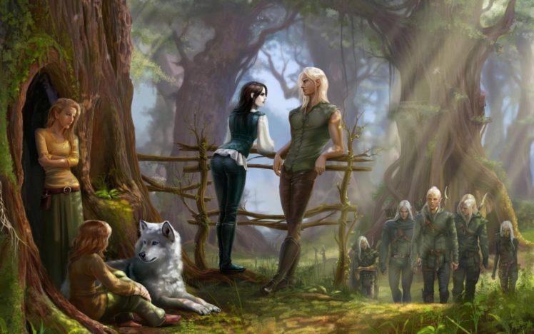 elves, Fence, Forest, Wolf, Fantasy HD Wallpaper Desktop Background