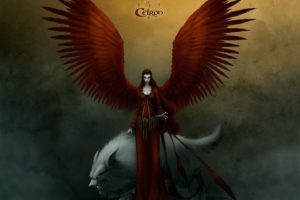 girl, Wings, Wolf, Fantasy, Red
