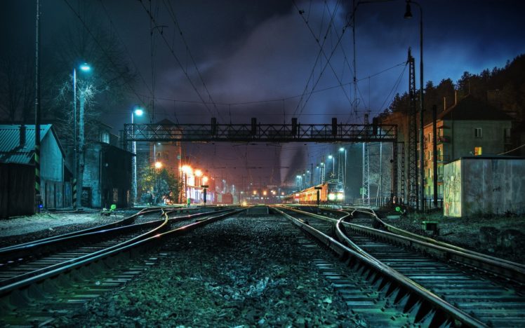 night, Lights, Trains, Railroad, Tracks, Vehicles, Railroads HD Wallpaper Desktop Background