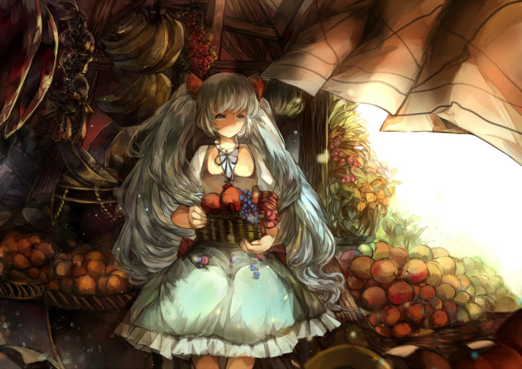 vocaloid, Dress, Fruit, Gray, Eyes, Gray, Hair, Hatsune, Miku, Twintails, Vima HD Wallpaper Desktop Background
