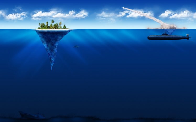 water, Submarine, Islands, Sharks, Artwork HD Wallpaper Desktop Background